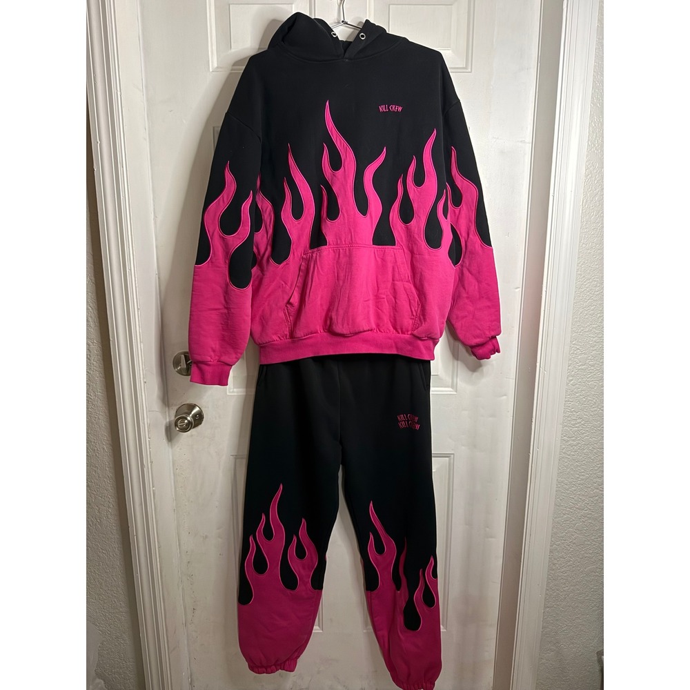 Kill Crew Pink Flame Hoodie and Joggers Sweatpants Set Mens Medium Black